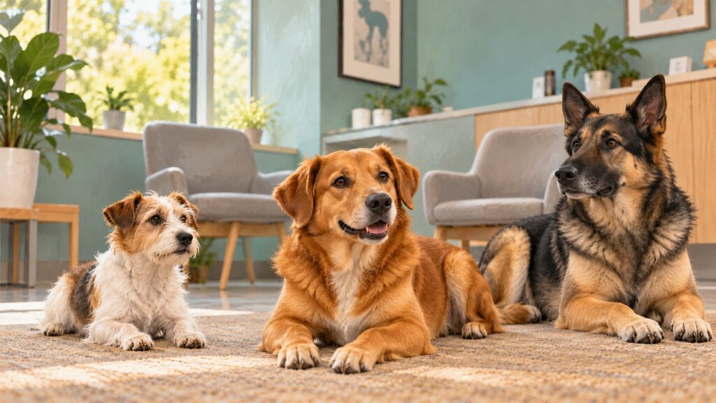 Illustration of a small terrier, a golden-brown dog and a larger shepherd-type dog resting in a veterinary waiting room.