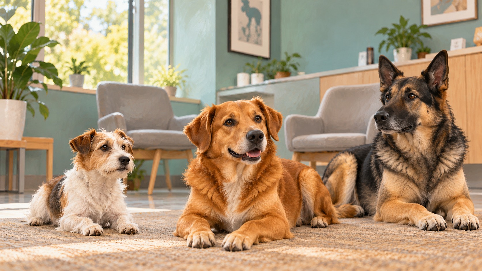 Illustration of a small terrier, a golden-brown dog and a larger shepherd-type dog resting in a veterinary waiting room.