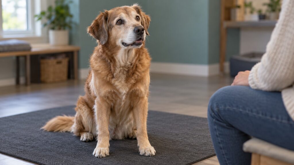 An older golden dog sitting attentively beside a seated person.