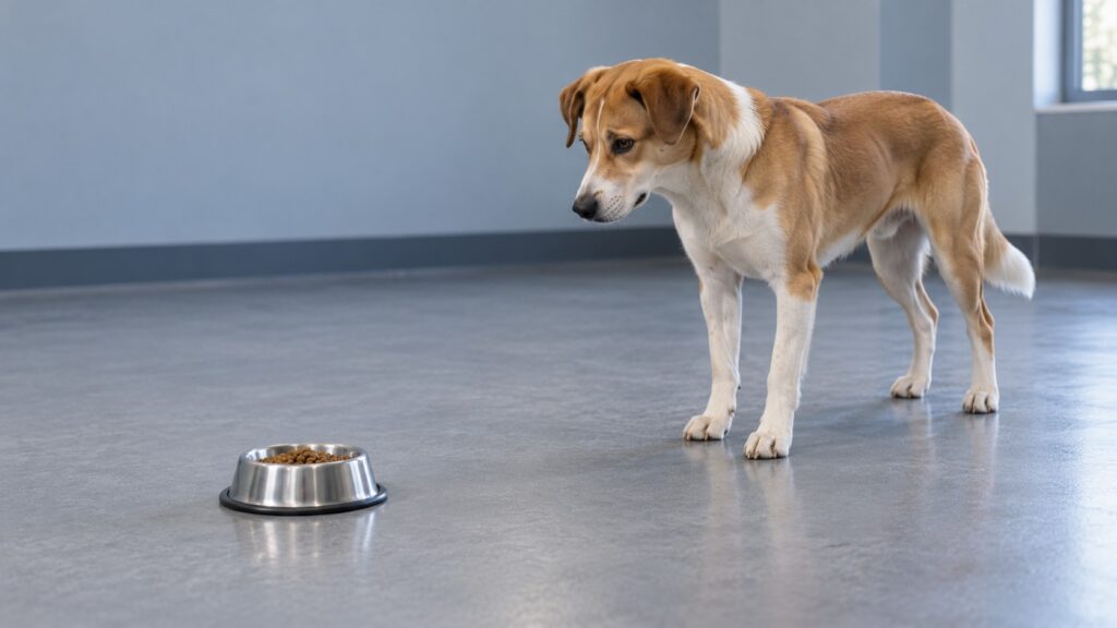 Tan-and-white dog standing in a quiet room, looking toward a food bowl containing kibble.
