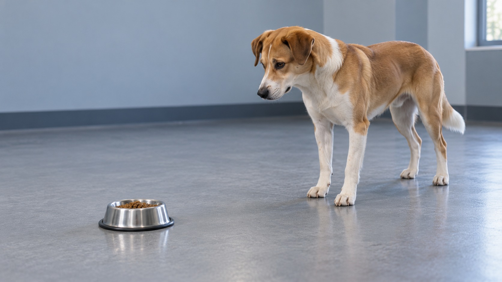 Tan-and-white dog standing in a quiet room, looking toward a food bowl containing kibble.