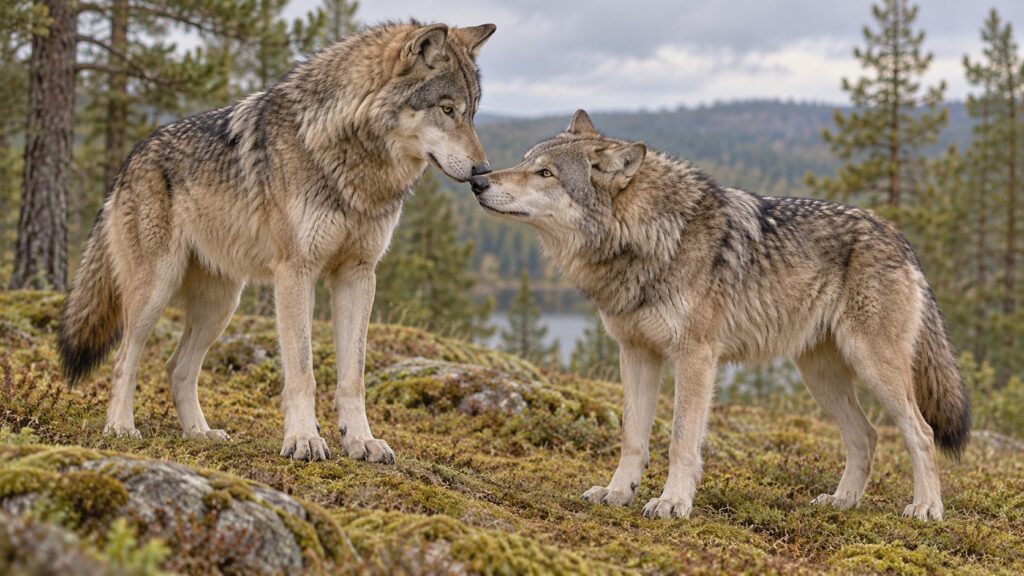 Illustration of two adult gray-brown wolves standing quietly nose to nose in a muted woodland clearing, mouths closed and bushy tails held low.