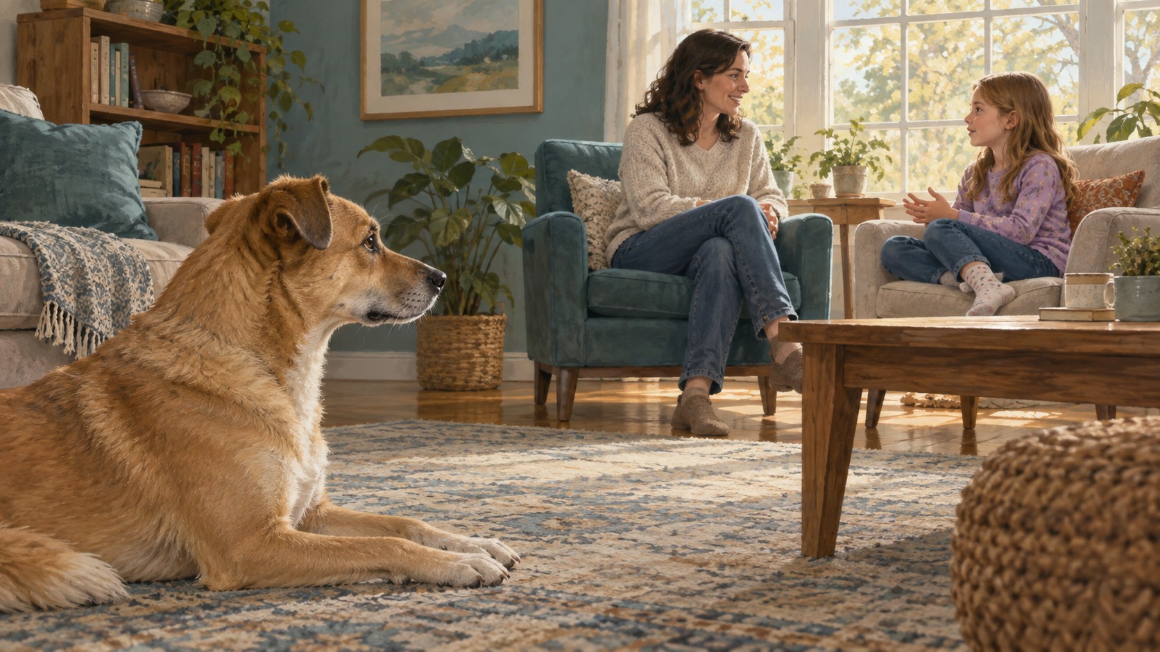 Illustration of a relaxed tan dog resting indoors while an adult woman and a girl sit at a distance.