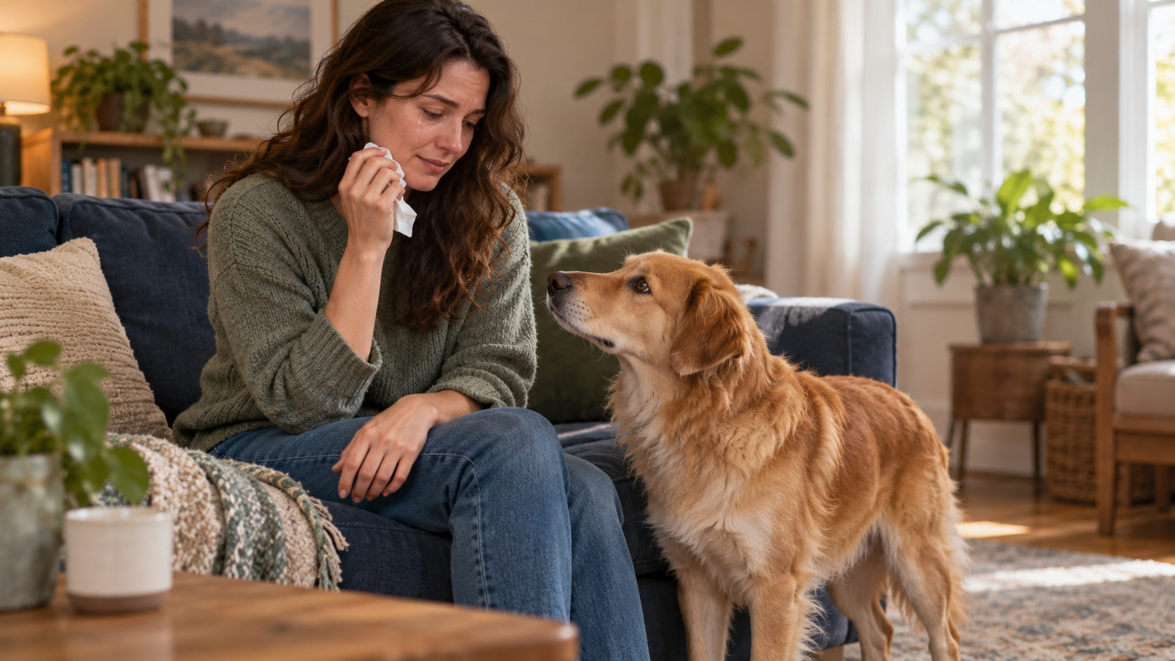 A golden-coated dog looks toward a seated woman holding a tissue beside her tear-streaked face.