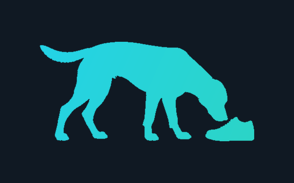 A standing dog lowering its muzzle toward a shoe.