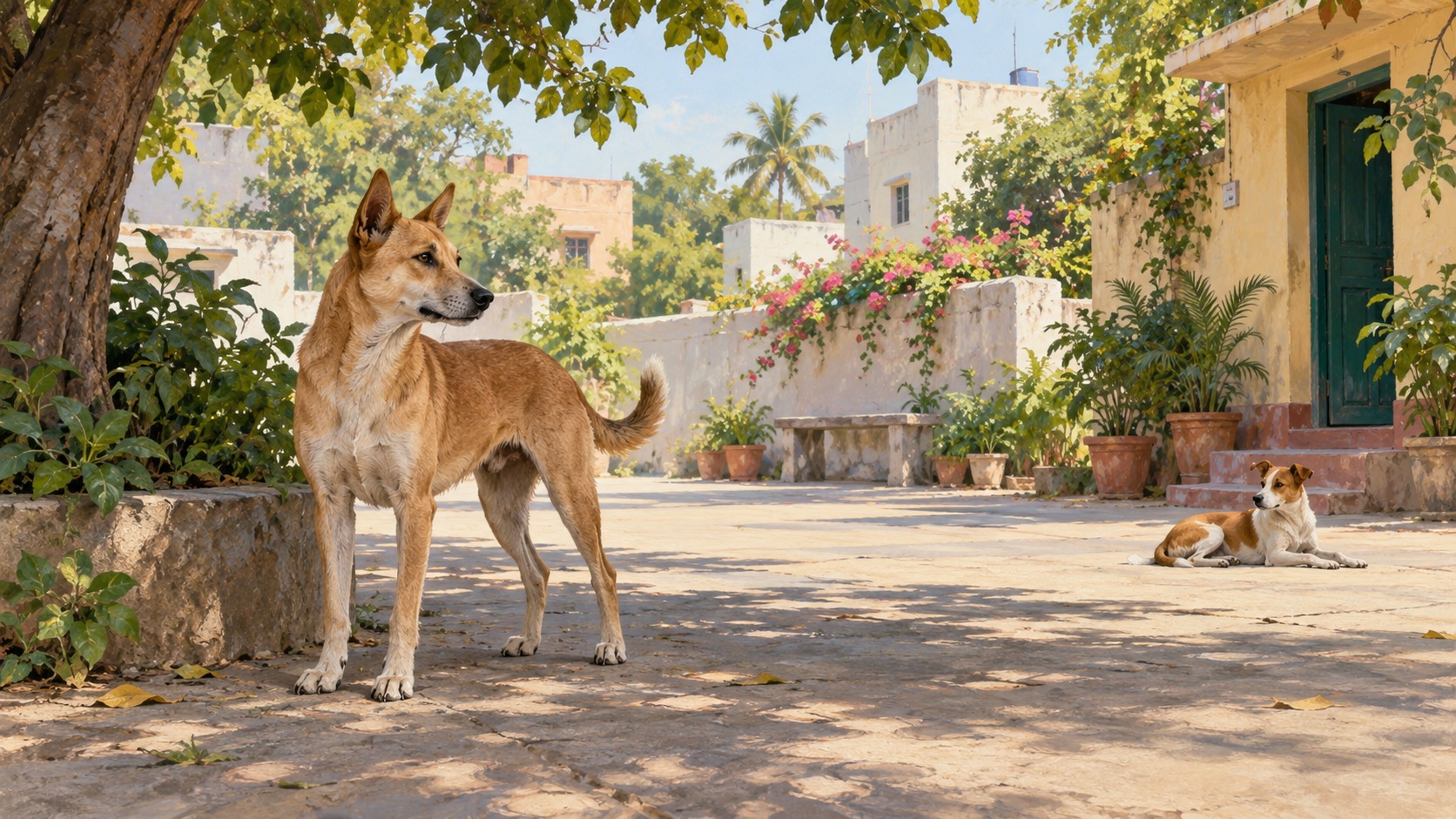 Illustration of a tan dog standing in shade while another dog rests farther away in an Indian neighborhood courtyard.