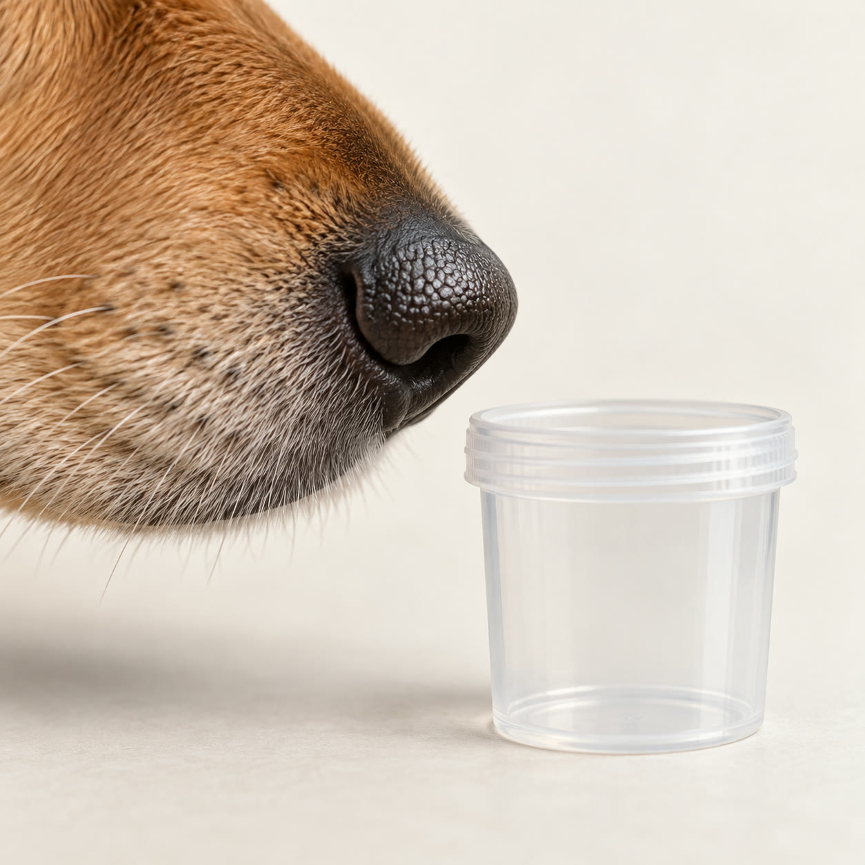 Illustration of a dog's nose beside an open, clear sample container.