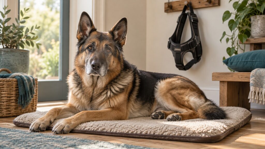 Illustration of an older German Shepherd resting on a bed, with an unused harness hanging nearby.
