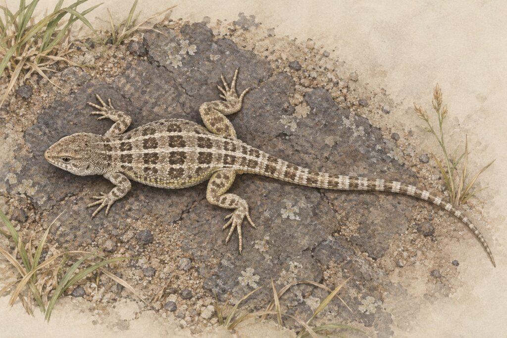 Illustration of a Victorian grassland earless dragon on rocky ground among grasses.