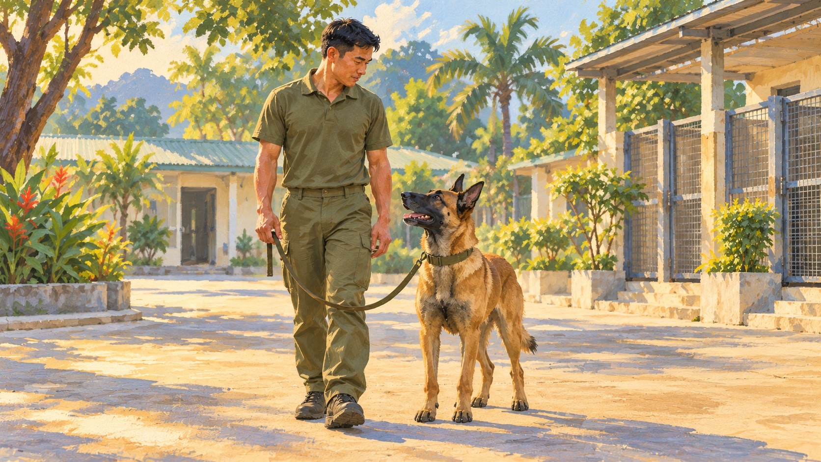 Painting of a handler walking beside an attentive Belgian Malinois on a loose lead in a shaded courtyard.