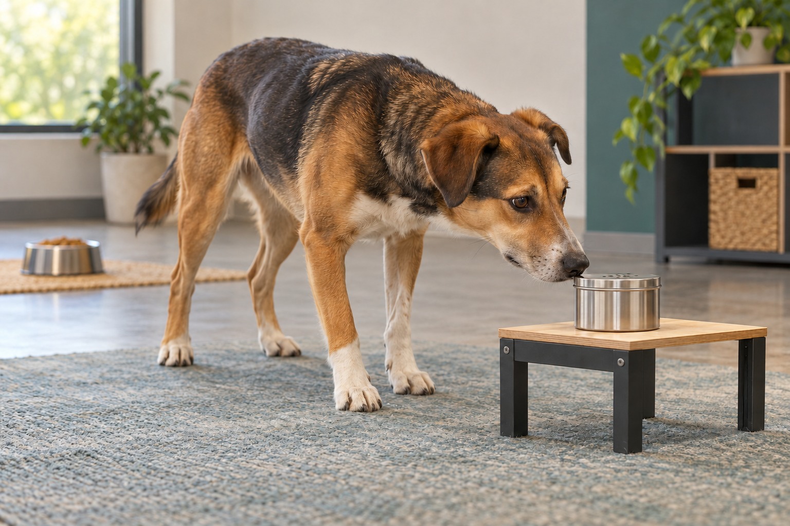 A dog sniffing a ventilated scent tin on a low stand, with a food bowl in the background.